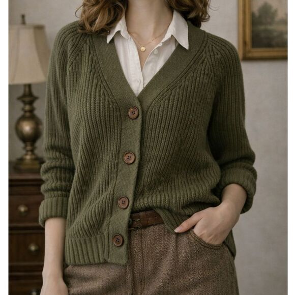 Old Navy Sweaters - Old Navy Olive Green Ribbed V-Neck Cardigan Sweater Grandpa Style Medium